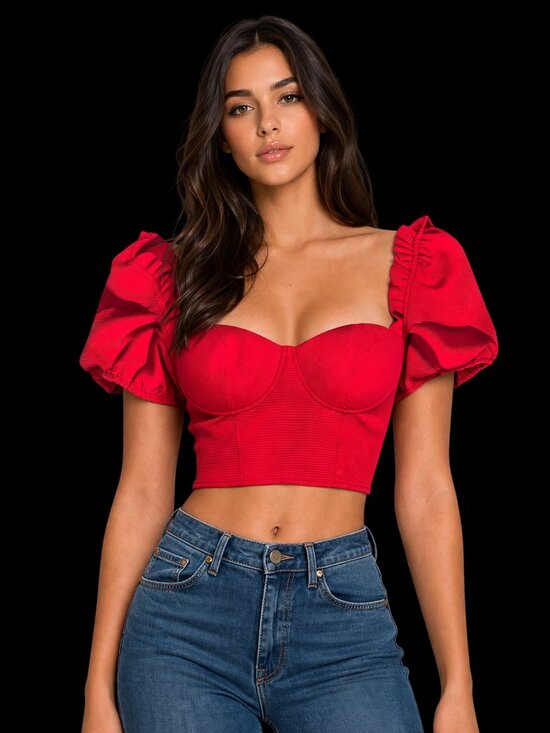 Fashion Nova Tops - Fashion Nova Women's Red Puff Sleeve Bustier Crop Top, M